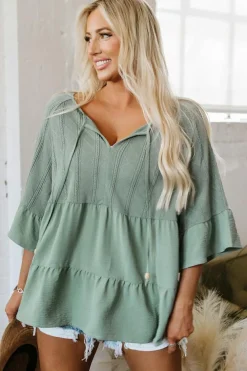 Online Dear-Lover Tie Split Neck Textured Ruffle Patchwork Blouse Laurel Green