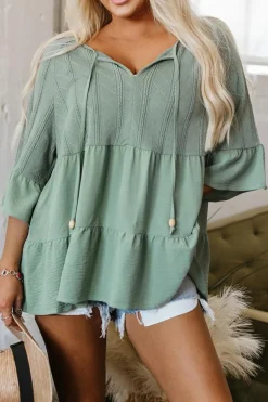 Online Dear-Lover Tie Split Neck Textured Ruffle Patchwork Blouse Laurel Green