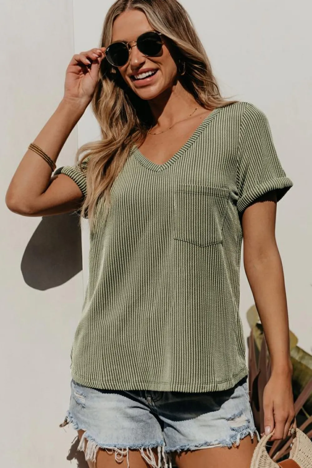 Discount Dear-Lover Twist Short Sleeve Corded V Neck Top Laurel Green