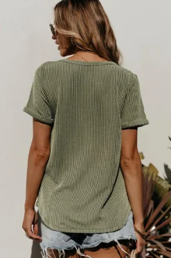 Discount Dear-Lover Twist Short Sleeve Corded V Neck Top Laurel Green
