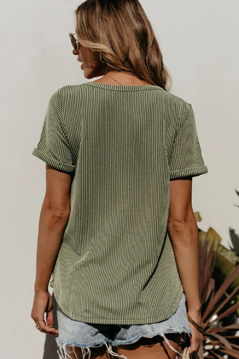 Discount Dear-Lover Twist Short Sleeve Corded V Neck Top Laurel Green