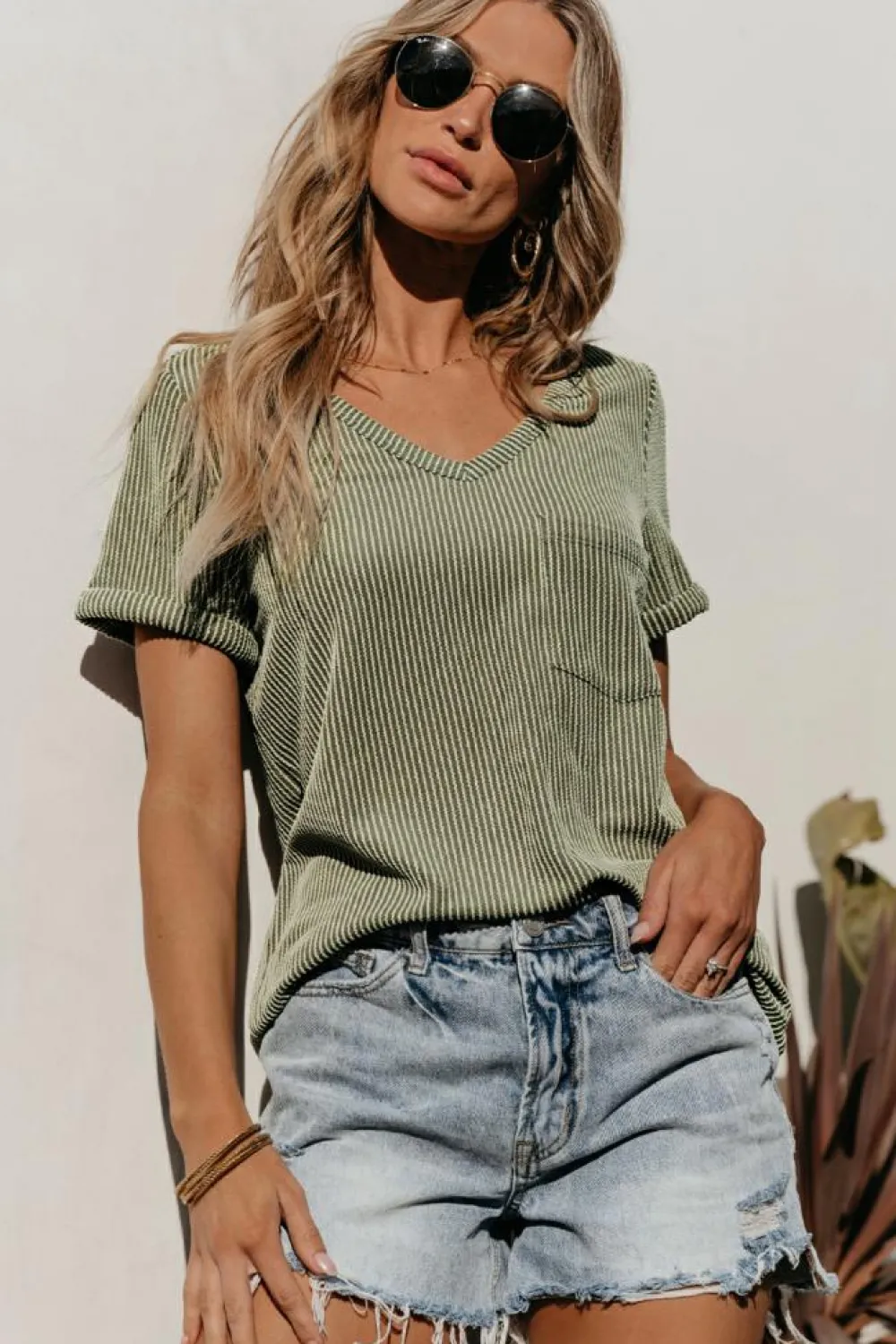 Discount Dear-Lover Twist Short Sleeve Corded V Neck Top Laurel Green