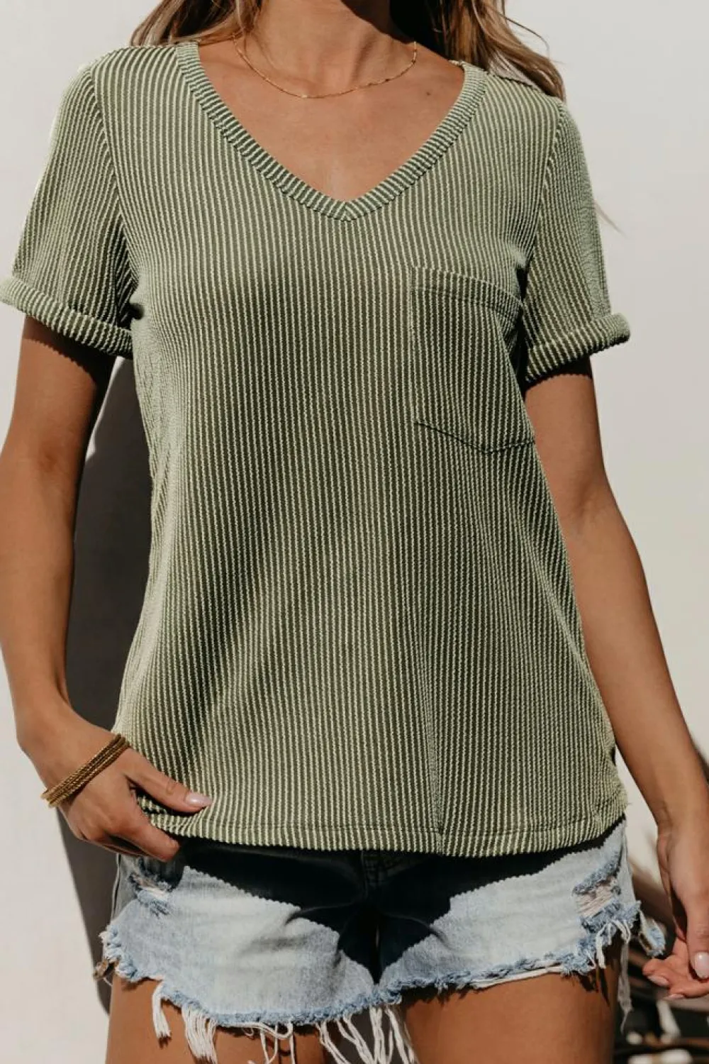 Discount Dear-Lover Twist Short Sleeve Corded V Neck Top Laurel Green