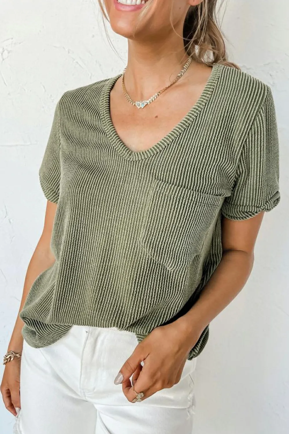 Discount Dear-Lover Twist Short Sleeve Corded V Neck Top Laurel Green