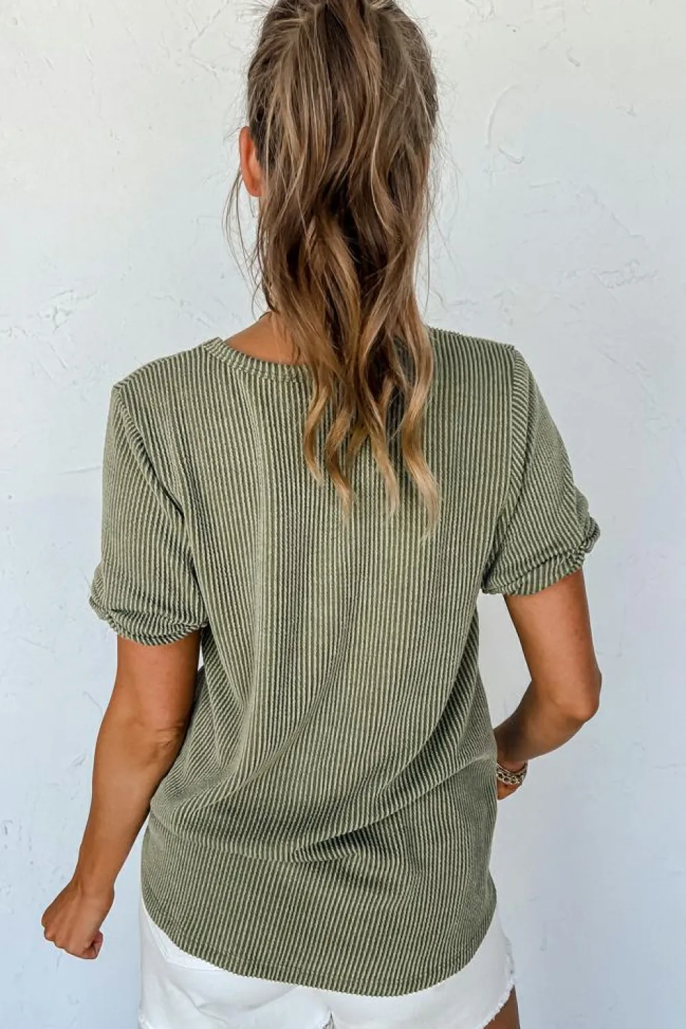 Discount Dear-Lover Twist Short Sleeve Corded V Neck Top Laurel Green