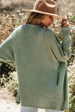 Online Dear-Lover Waffle Knit Open Front Cardigan Laurel Green