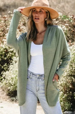 Online Dear-Lover Waffle Knit Open Front Cardigan Laurel Green