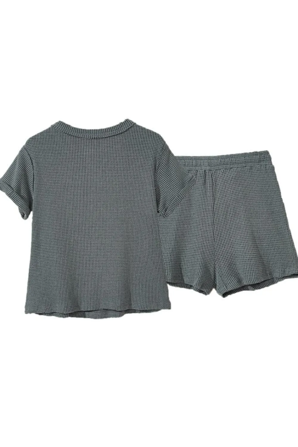 Sale Dear-Lover Waffle Knit Buttoned Top and Drawstring Shorts Set Laurel Green