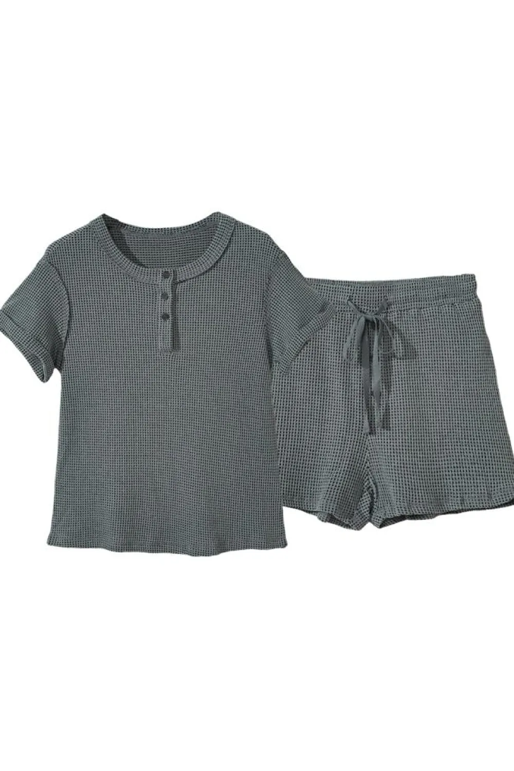 Sale Dear-Lover Waffle Knit Buttoned Top and Drawstring Shorts Set Laurel Green
