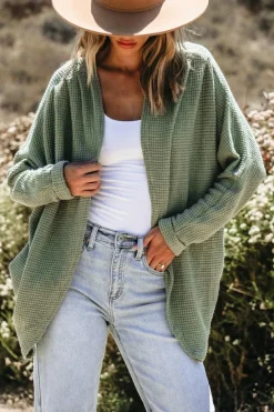 Online Dear-Lover Waffle Knit Open Front Cardigan Laurel Green