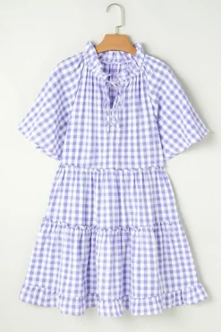 Clearance Dear-Lover Plaid Ruffle Wide Short Sleeve Babydoll Mini Dress Lavendula