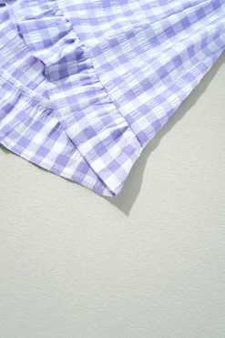 Clearance Dear-Lover Plaid Ruffle Wide Short Sleeve Babydoll Mini Dress Lavendula