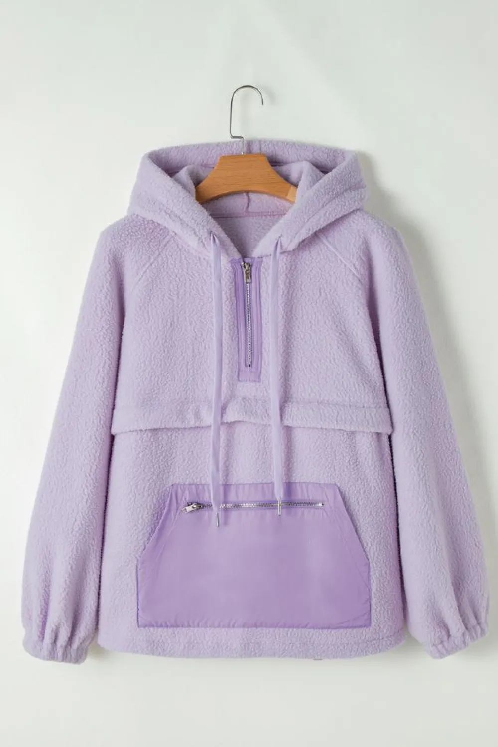 Discount Dear-Lover Zipped Patch Pocket Fuzzy Drawstring Hoodie Lavendula
