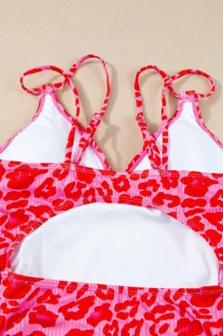 Online Dear-Lover Adjustable Straps Ribbed Knit One Piece Swimsuit Leopard