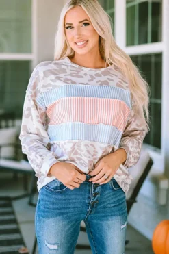 Sale Dear-Lover Animal Print Contrast Stripes Patchwork Puff Sleeve Knit Top Leopard