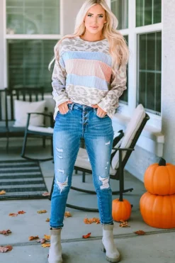 Sale Dear-Lover Animal Print Contrast Stripes Patchwork Puff Sleeve Knit Top Leopard