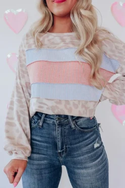 Sale Dear-Lover Animal Print Contrast Stripes Patchwork Puff Sleeve Knit Top Leopard