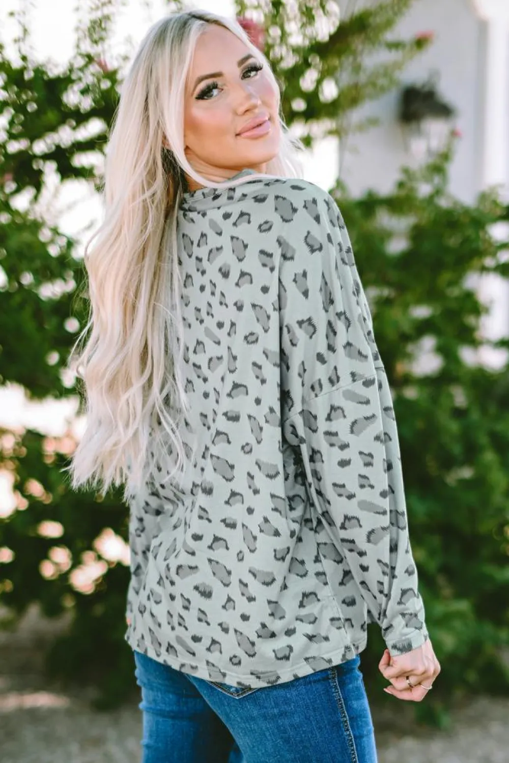 Sale Dear-Lover Animal Print Stitching Loose Long Sleeve Top Leopard