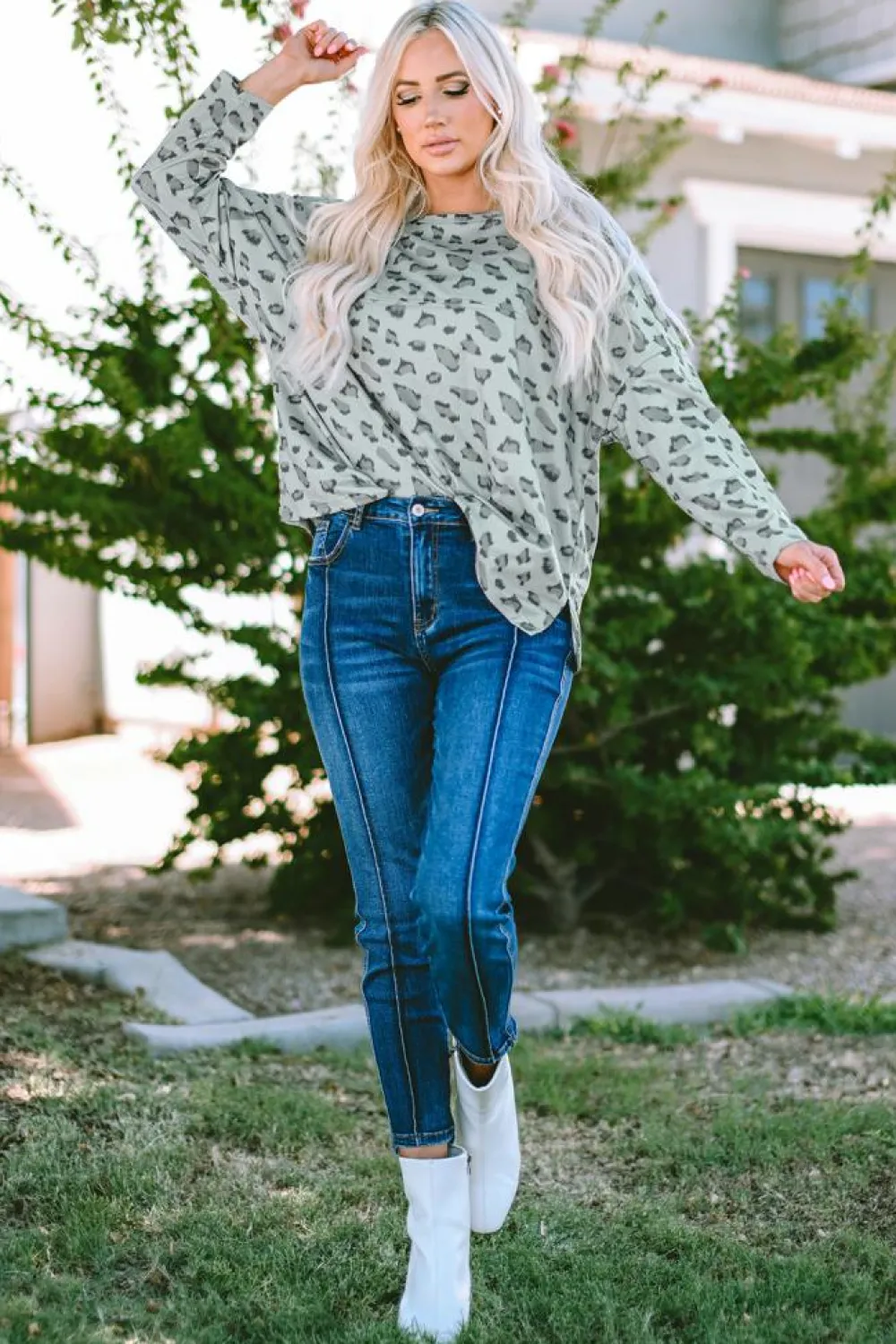Sale Dear-Lover Animal Print Stitching Loose Long Sleeve Top Leopard