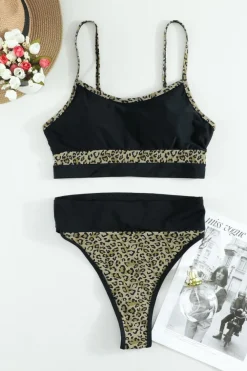Outlet Dear-Lover Color Block Camisole High Waisted Swimsuit Leopard