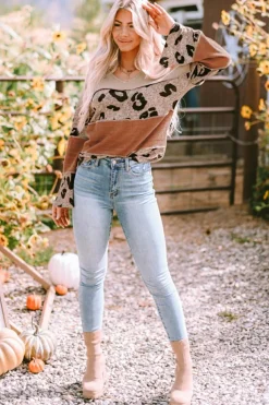 Outlet Dear-Lover Colorblock Patchwork V-Neck Loose Sleeve Knit Top Leopard