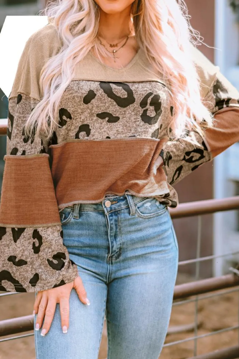 Outlet Dear-Lover Colorblock Patchwork V-Neck Loose Sleeve Knit Top Leopard