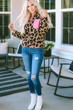 Fashion Dear-Lover Colorblock Pocket Zipper Fuzzy Fleece Jacket Leopard
