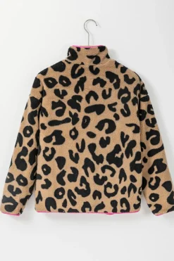Fashion Dear-Lover Colorblock Pocket Zipper Fuzzy Fleece Jacket Leopard