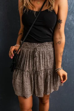 Discount Dear-Lover Leopard Drawstring Frilly Short Skirt Beige