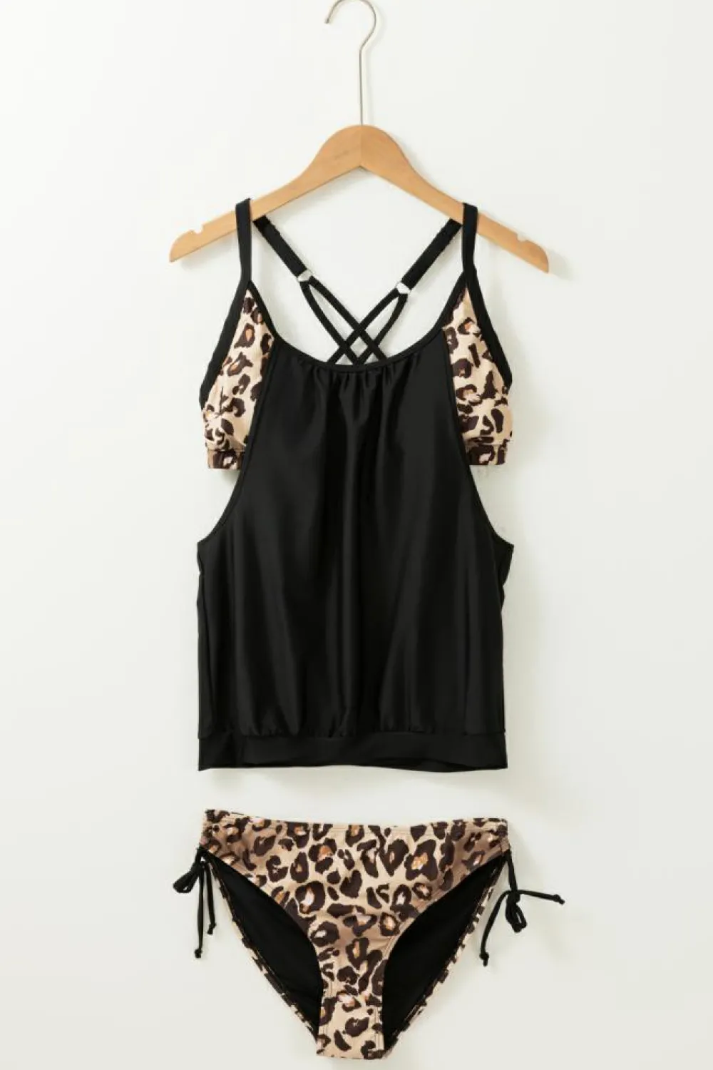 Fashion Dear-Lover Grey Layered-Style Striped Tankini with Triangular Briefs Leopard