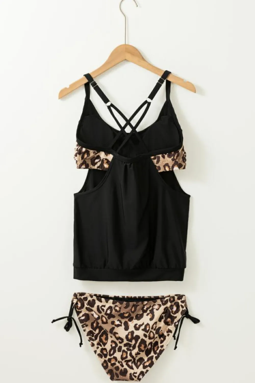 Fashion Dear-Lover Grey Layered-Style Striped Tankini with Triangular Briefs Leopard