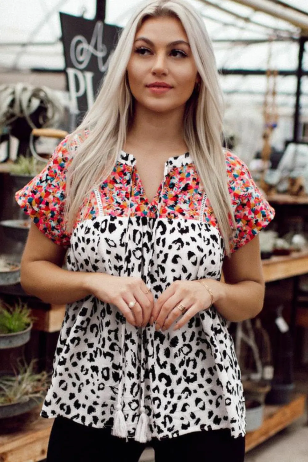 Discount Dear-Lover Mix Print Tassel Tie Blouse Leopard