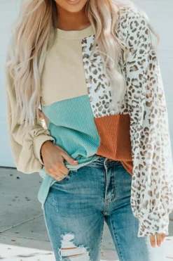 Clearance Dear-Lover Patchwork Color Block Ribbed Long Sleeve Top Leopard