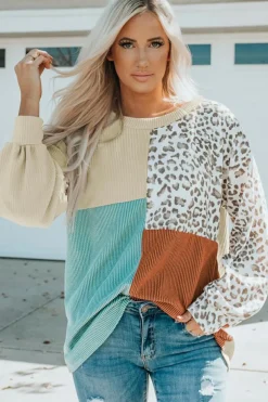 Clearance Dear-Lover Patchwork Color Block Ribbed Long Sleeve Top Leopard