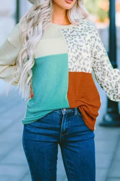 Clearance Dear-Lover Patchwork Color Block Ribbed Long Sleeve Top Leopard