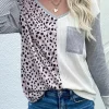 Clearance Dear-Lover Patchwork Ribbed Color Block V Neck Top Leopard