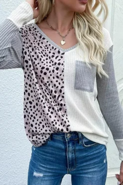 Clearance Dear-Lover Patchwork Ribbed Color Block V Neck Top Leopard