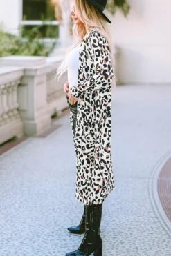 Online Dear-Lover Pocketed Open Front Duster Cardigan Leopard