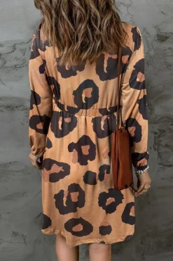 Outlet Dear-Lover Print Button Front Bubble Sleeve Loose Knit Dress Leopard