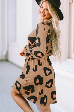 Outlet Dear-Lover Print Button Front Bubble Sleeve Loose Knit Dress Leopard