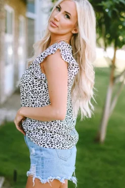 Online Dear-Lover Ruffle Shoulder Embellished V-neck Sleeveless Top Leopard