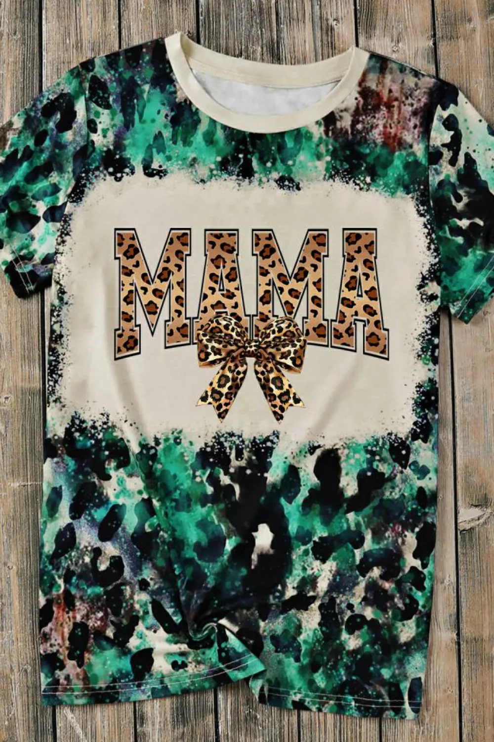 Fashion Dear-Lover Tie Dye MAMA Bow Print Graphic Tee Leopard