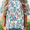 Hot Dear-Lover Abstract Print Puff Sleeve Mock Neck Blouse Light Blue