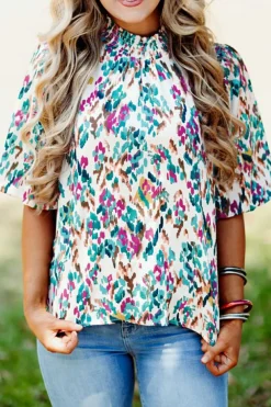 Hot Dear-Lover Abstract Print Puff Sleeve Mock Neck Blouse Light Blue