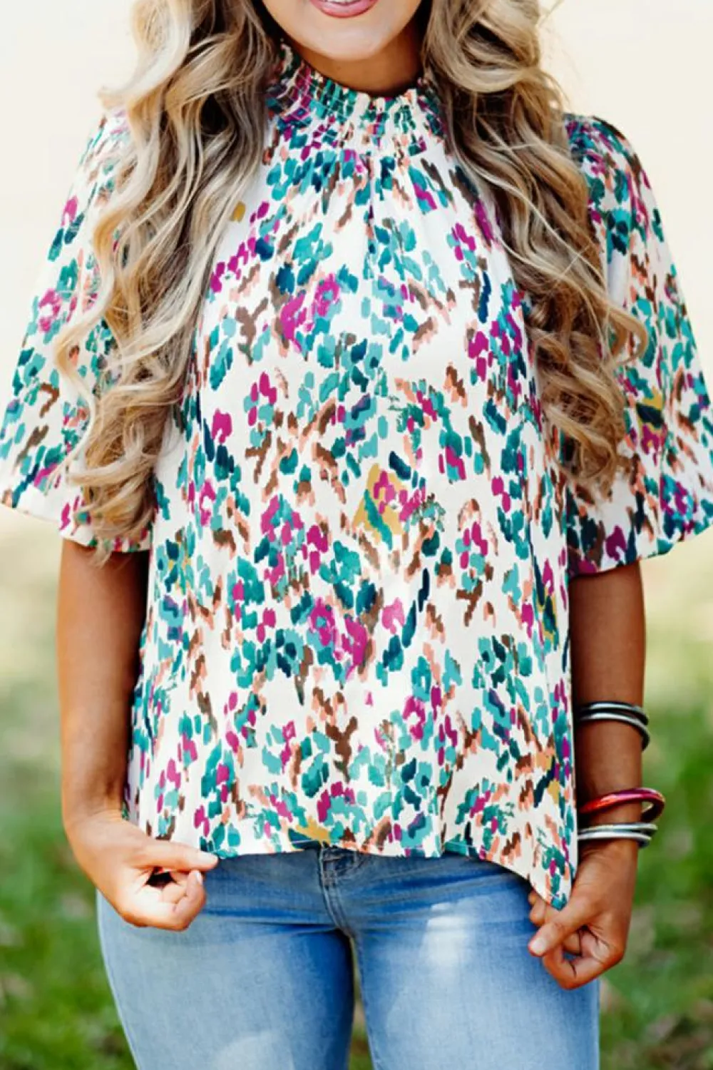 Hot Dear-Lover Abstract Print Puff Sleeve Mock Neck Blouse Light Blue