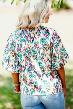 Hot Dear-Lover Abstract Print Puff Sleeve Mock Neck Blouse Light Blue