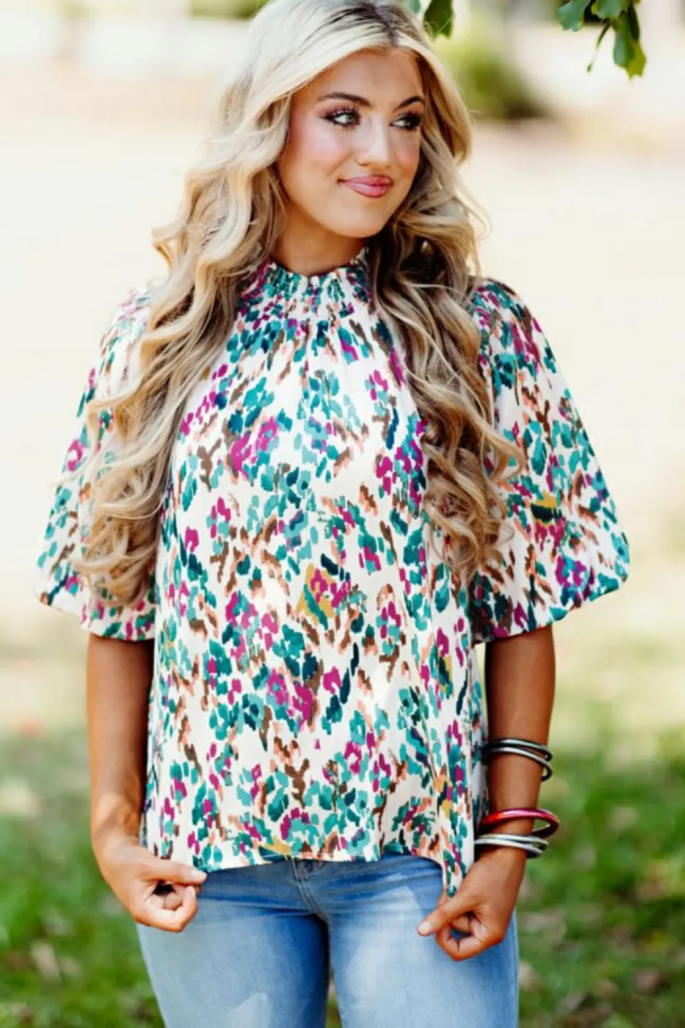 Hot Dear-Lover Abstract Print Puff Sleeve Mock Neck Blouse Light Blue