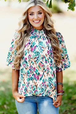 Hot Dear-Lover Abstract Print Puff Sleeve Mock Neck Blouse Light Blue