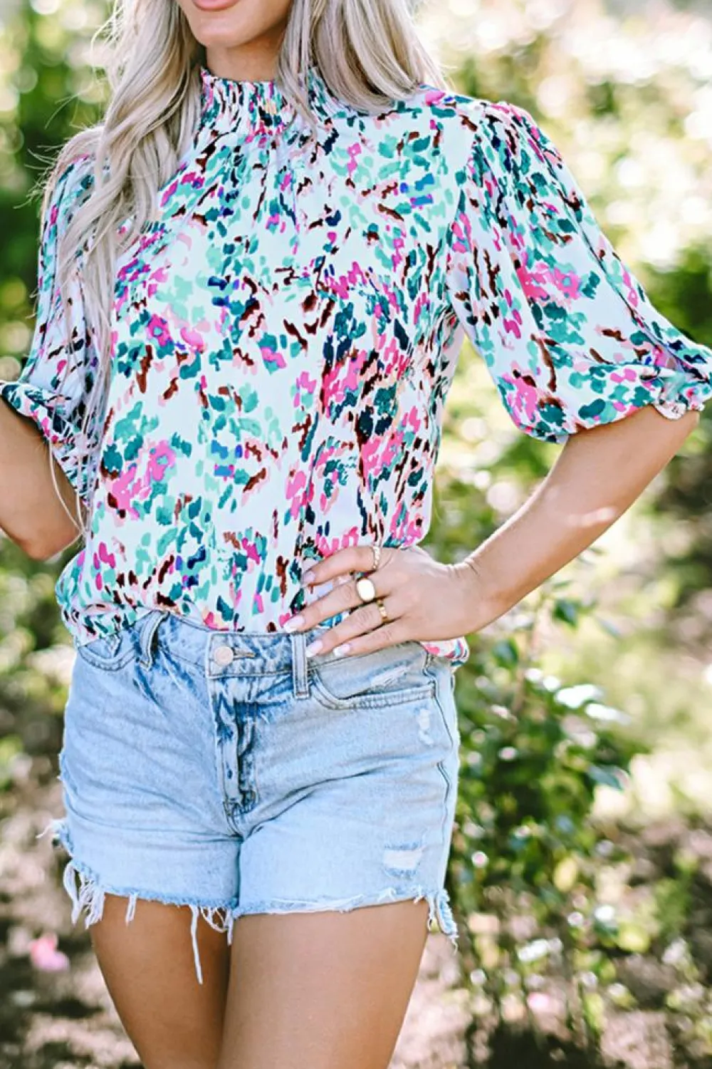 Hot Dear-Lover Abstract Print Puff Sleeve Mock Neck Blouse Light Blue