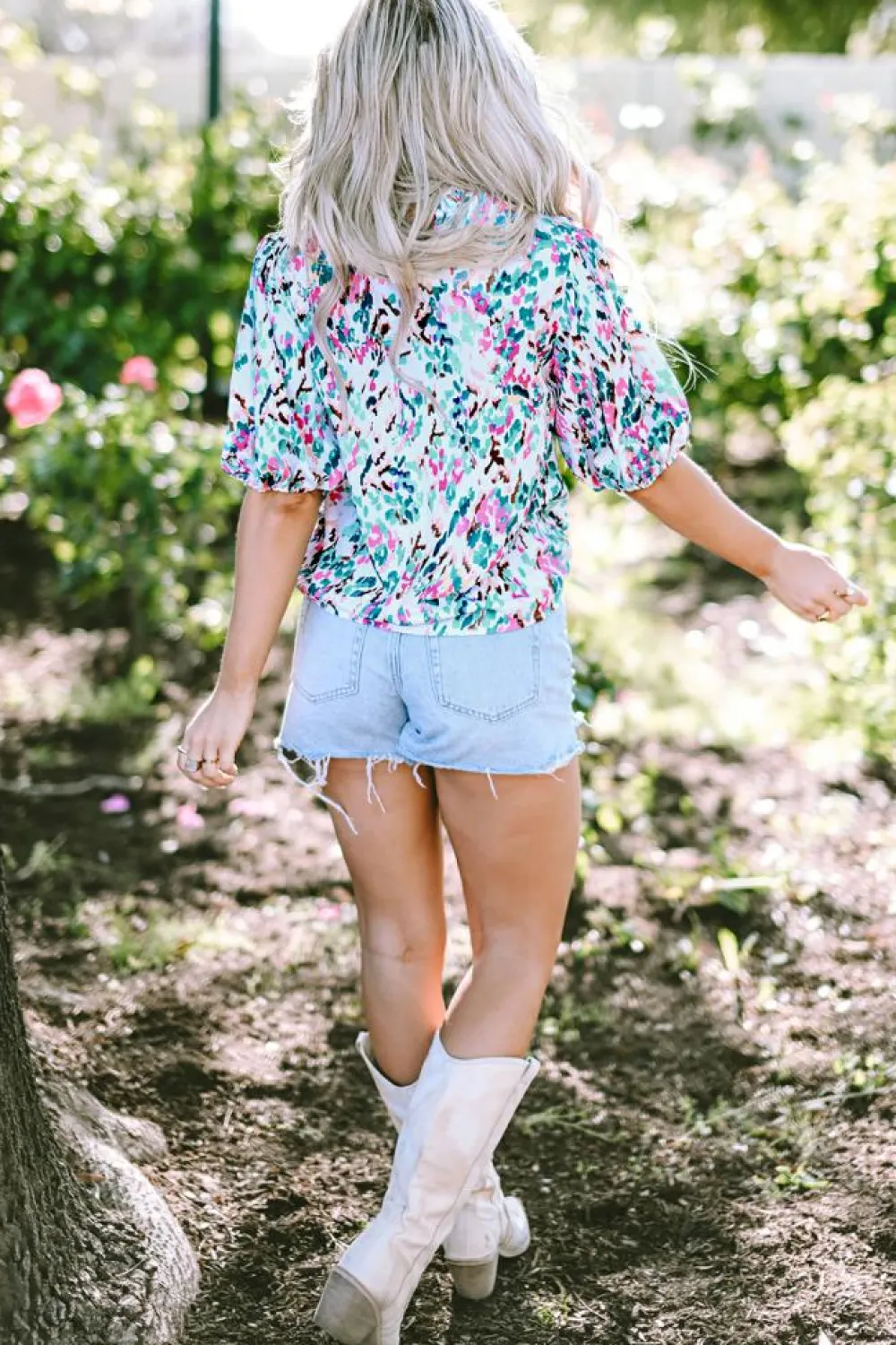 Hot Dear-Lover Abstract Print Puff Sleeve Mock Neck Blouse Light Blue